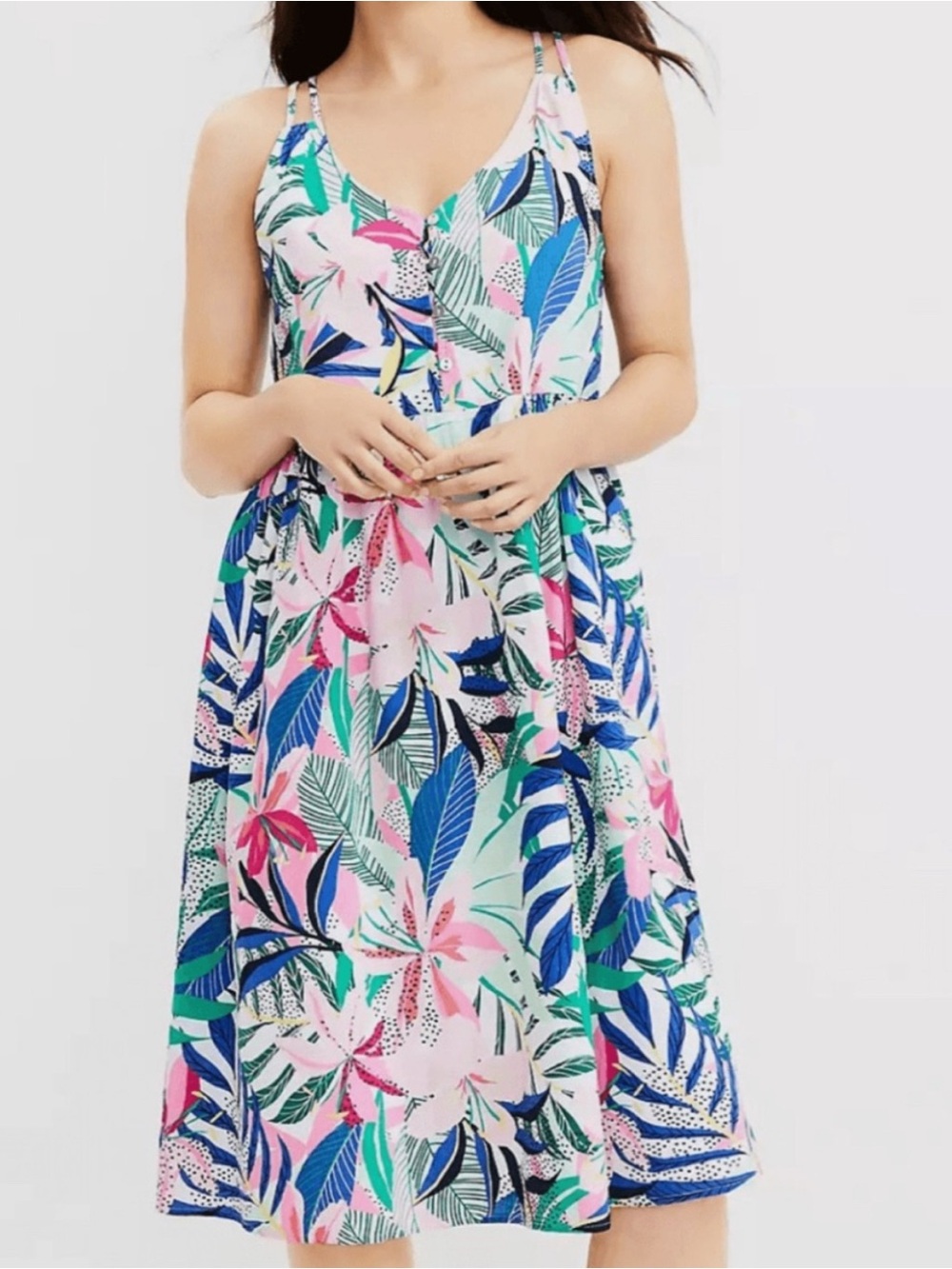 LOFT Pink Blue Green Tropical Midi Dress Size 16 XL Sundress Summer Cruise
